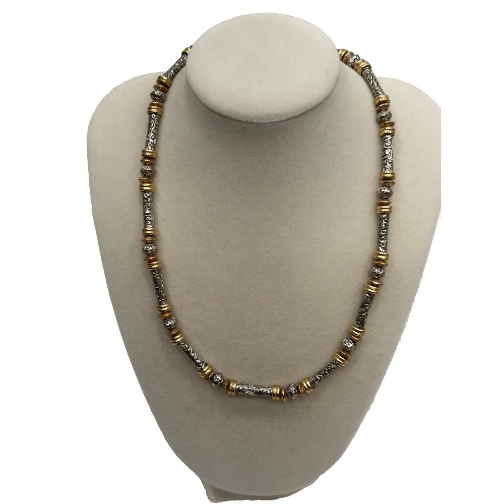 Two Tone Gold Vermeil Accents Silver Tone Bali Style Magnetic Clasp Necklace 14"
